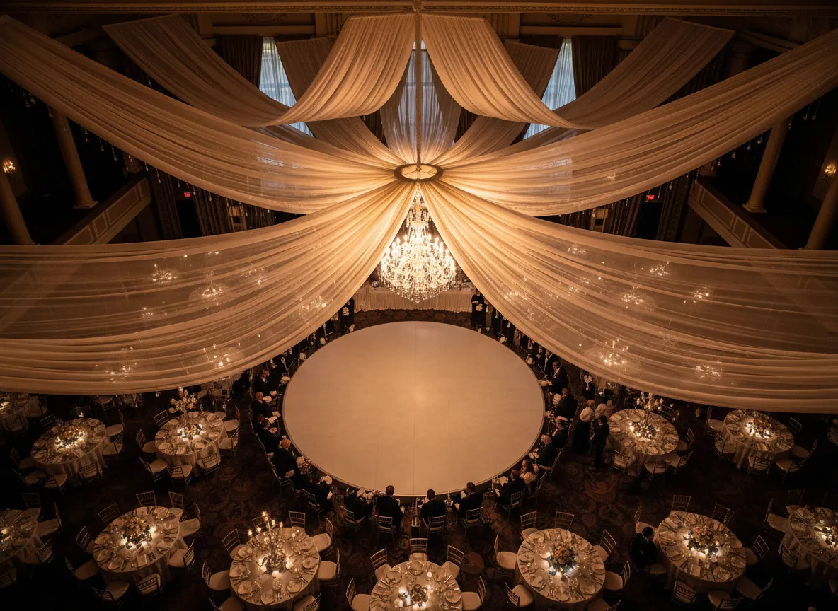 Butterfly ceiling draping over wedding dance floor in Detroit venue