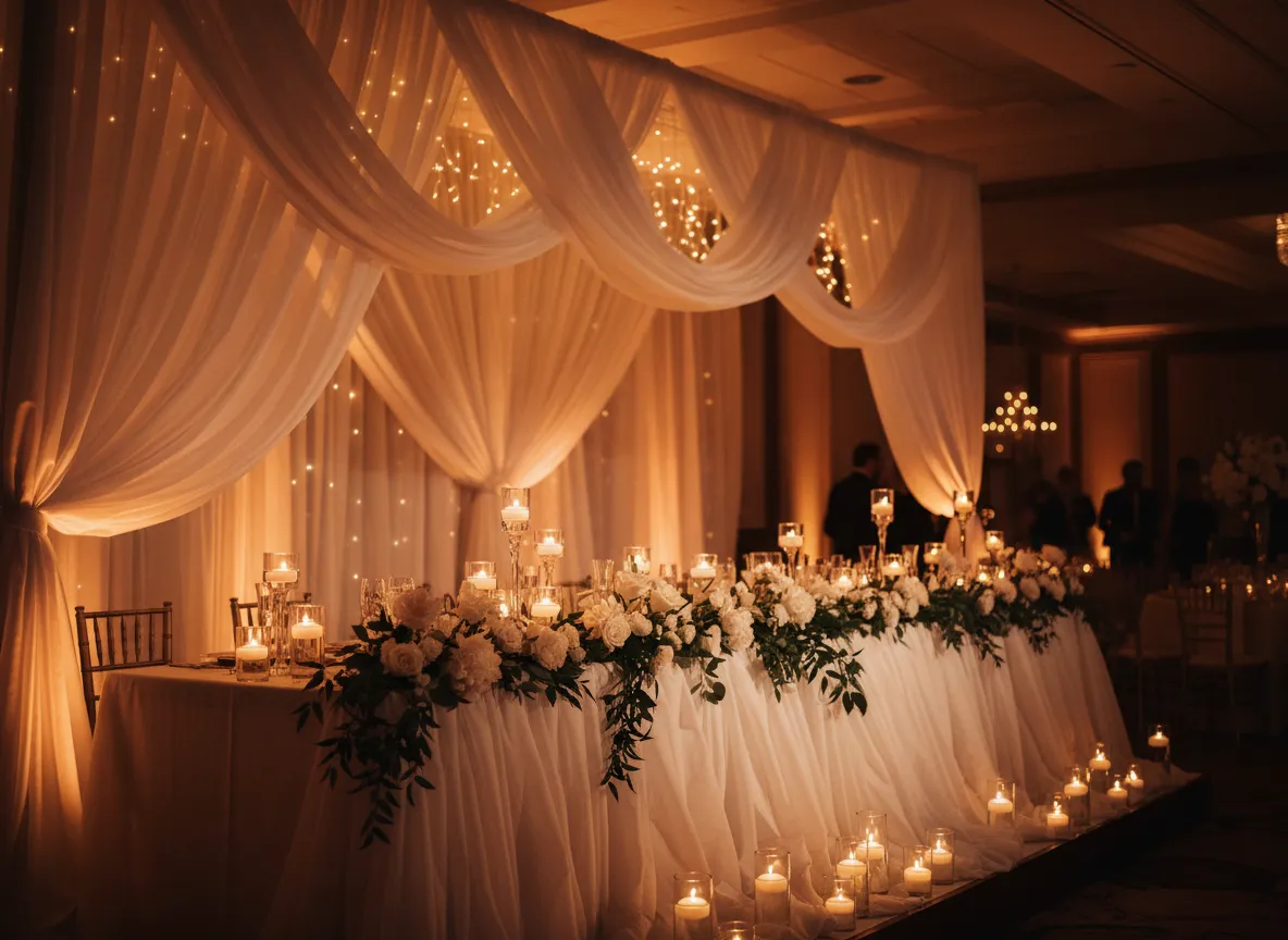 Head table draping with ambient lighting at Detroit wedding reception