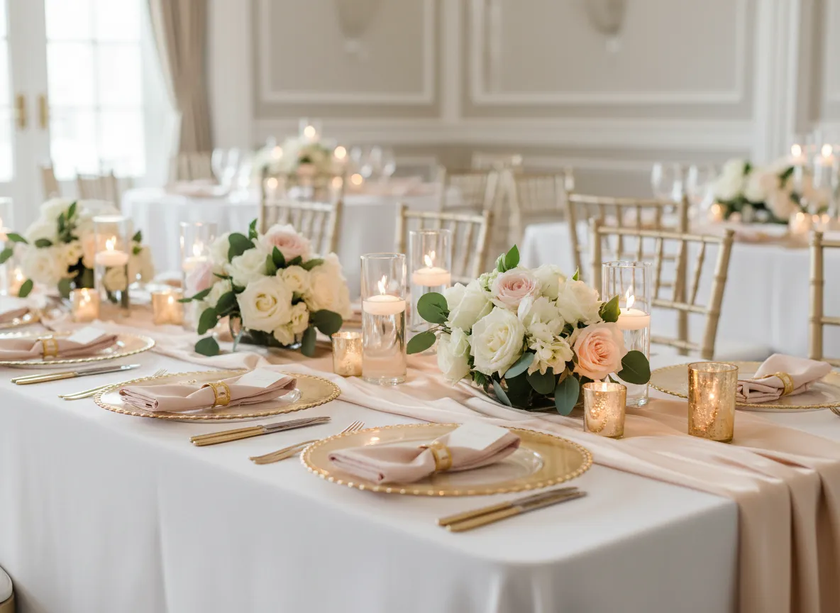 Luxury wedding table setting with linens, charger plates, and centerpieces in Detroit