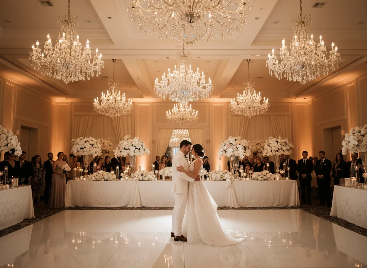 Luxury white wedding dance floor with chandeliers and floral decor