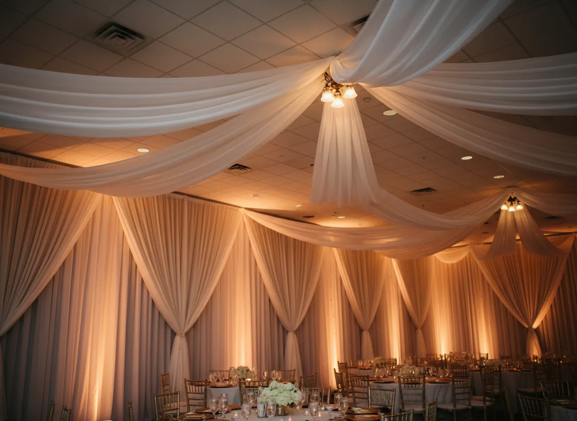 Metro Detroit event draping installation with ceiling fabric and wall-to-wall pipe and drape