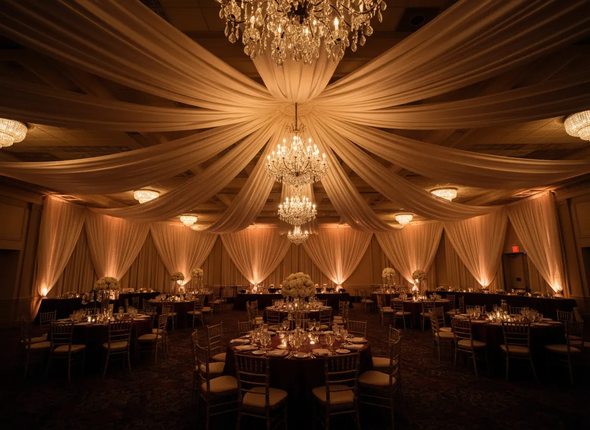 Luxury wedding ceiling draping in Detroit ballroom with swag fabric design