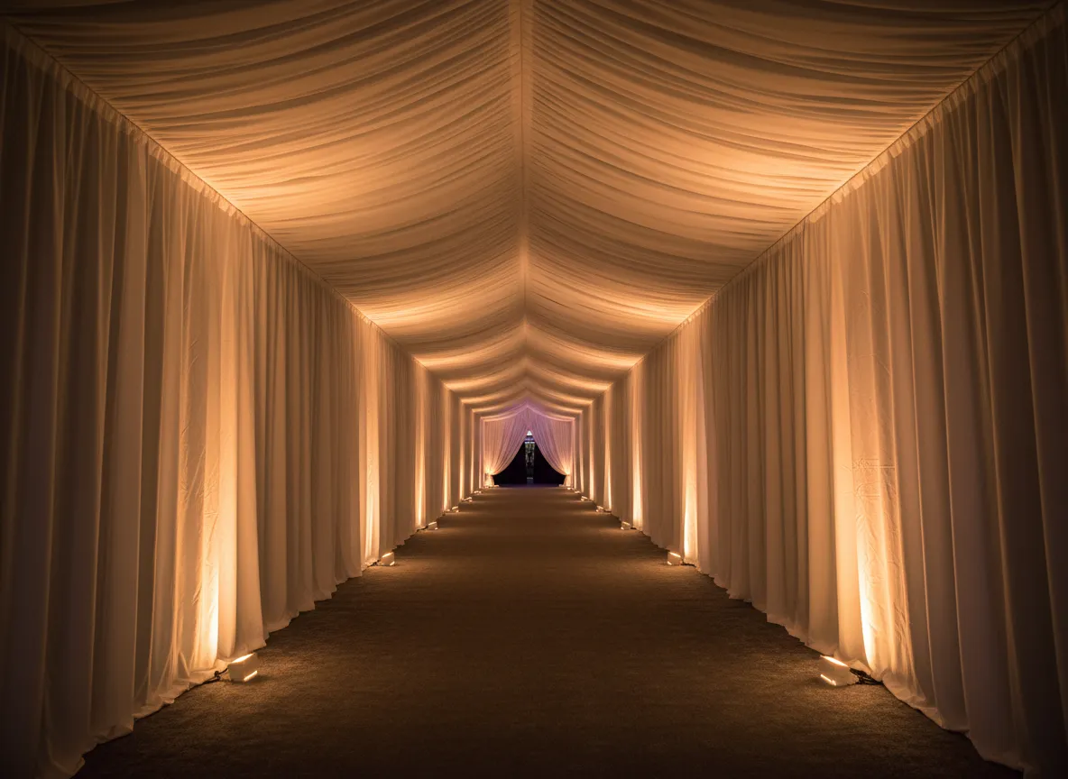 Tunnel entrance draping rental in Detroit venue with soft white fabric
