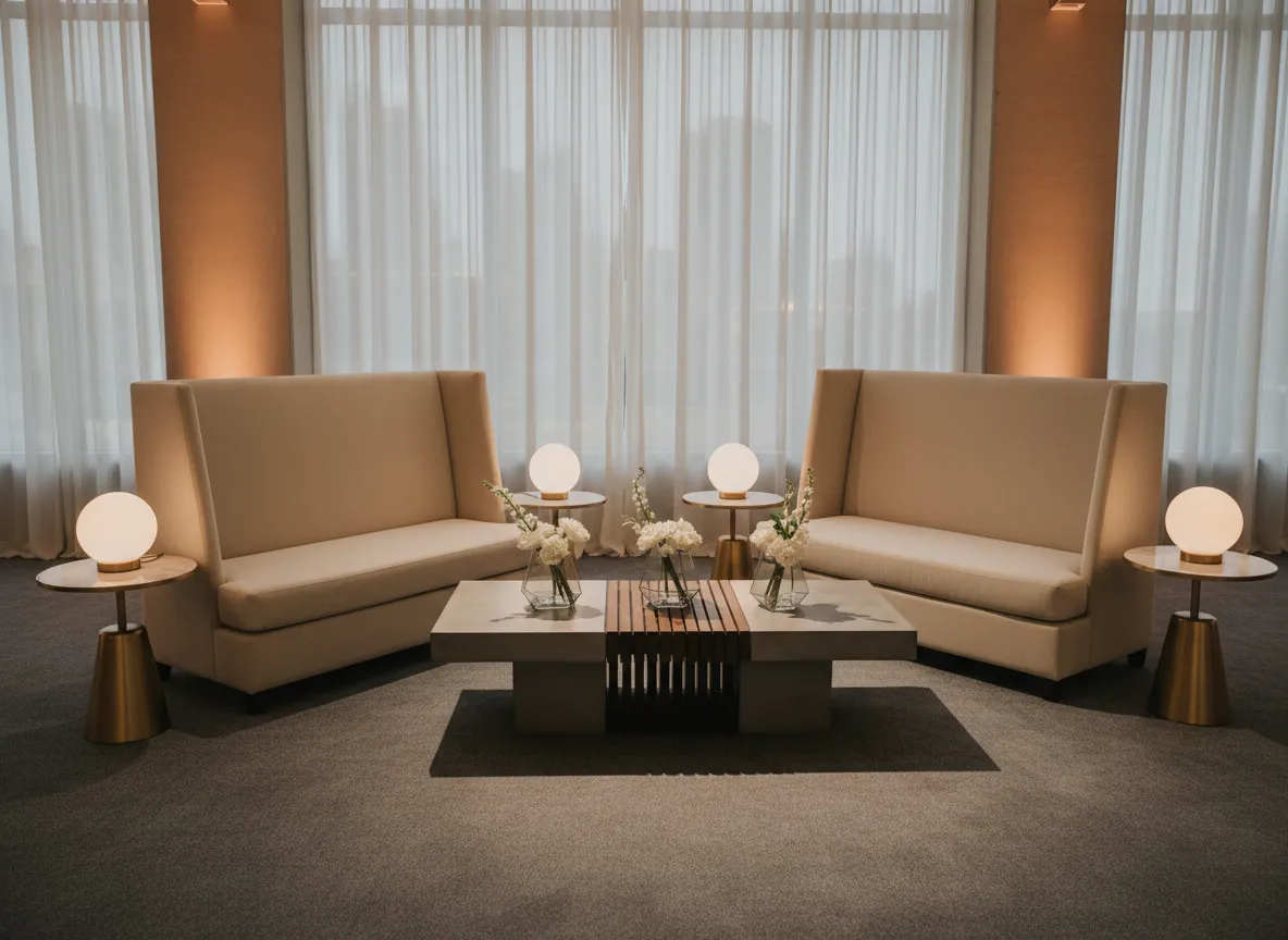 rectangular long back love seat rental Detroit at gala lounge setup