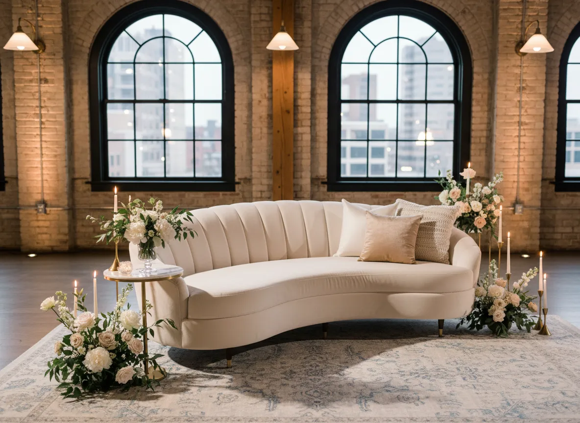 crescent couch rental Detroit ivory couch at wedding lounge