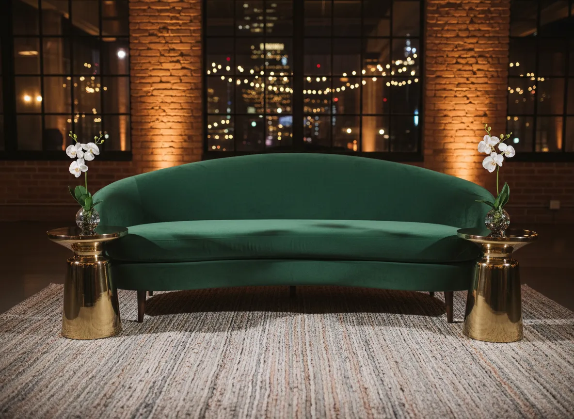 crescent couch rental Detroit emerald green at modern lounge setup