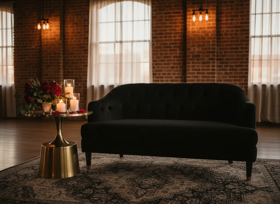 velvet love seat rental Detroit black loveseat at wedding lounge