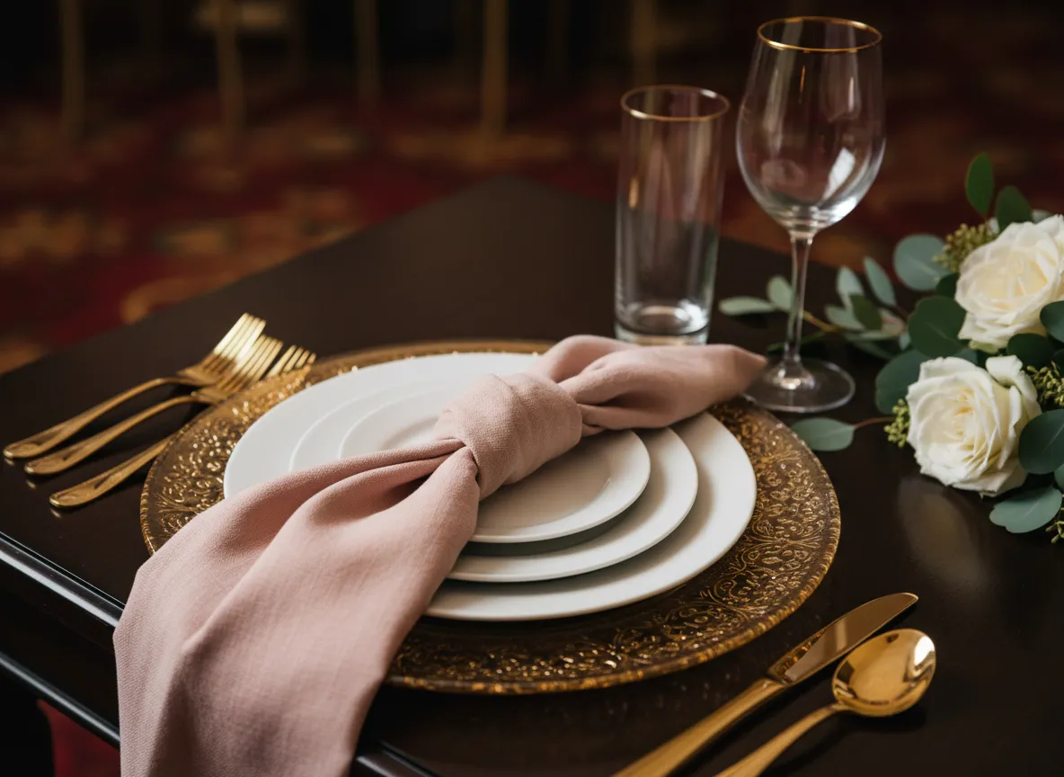 Luxury wedding napkin fold with gold charger plate in Detroit