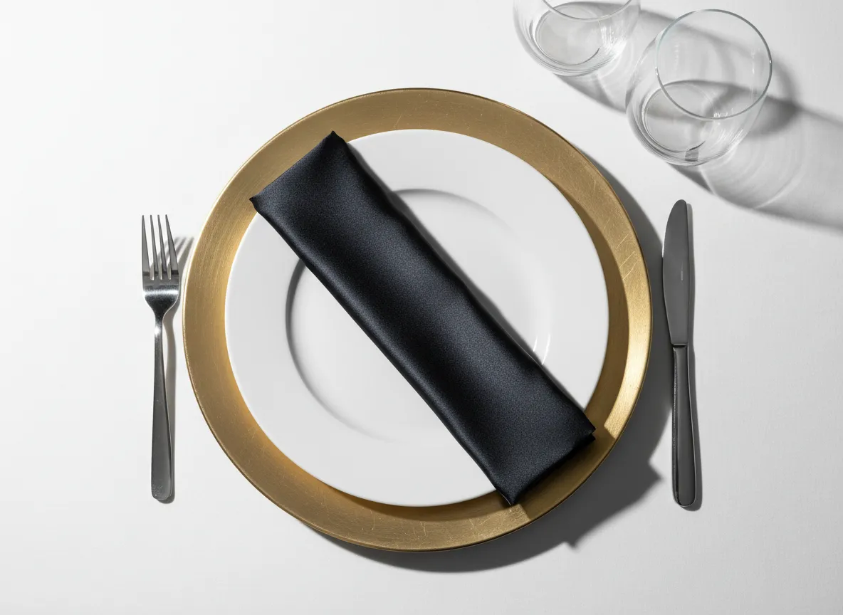 Modern rectangular napkin fold on charger plate rental Detroit