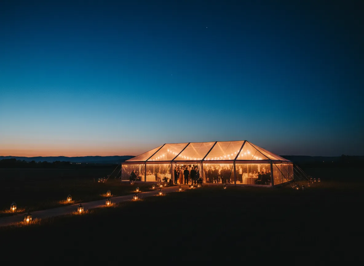 wedding tent rental Detroit evening lighting