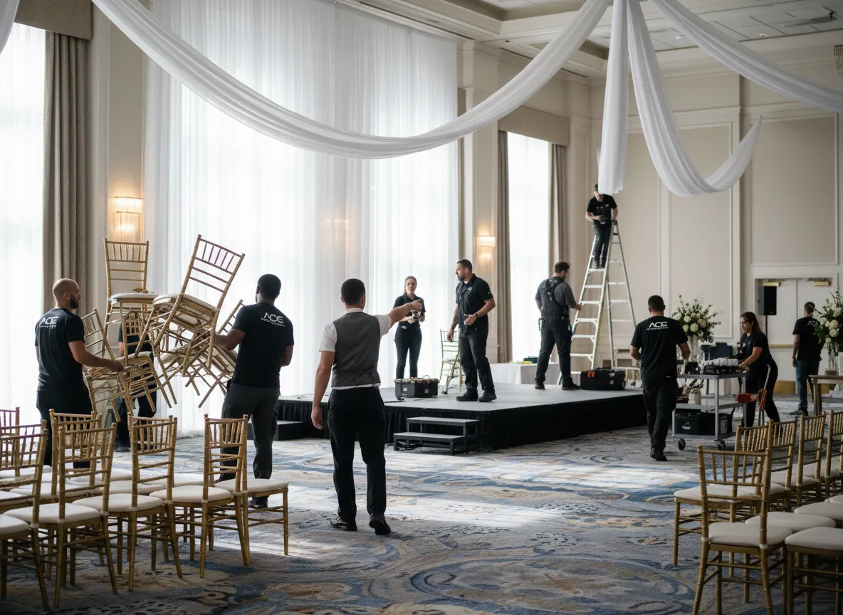 Detroit event rental partners collaborating on ballroom setup