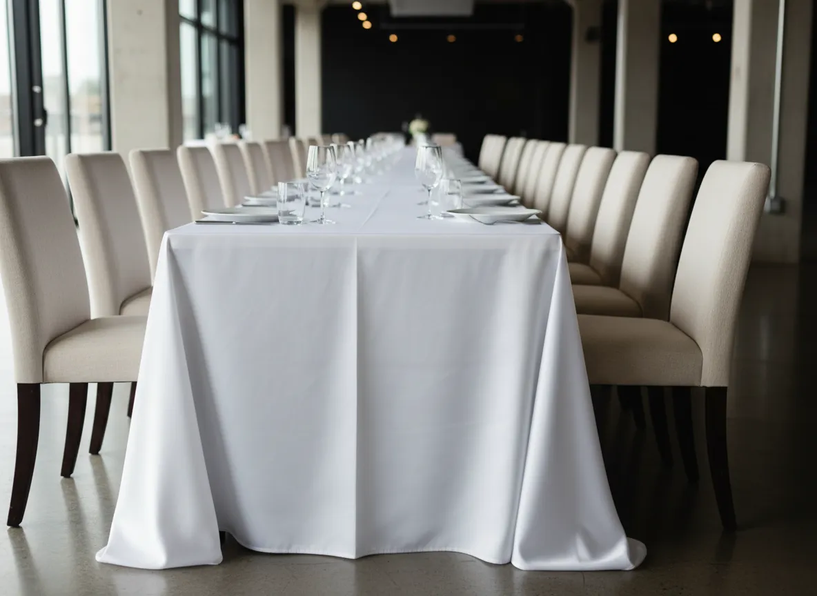 90 x 156 rectangle satin linen rental on banquet table in Metro Detroit