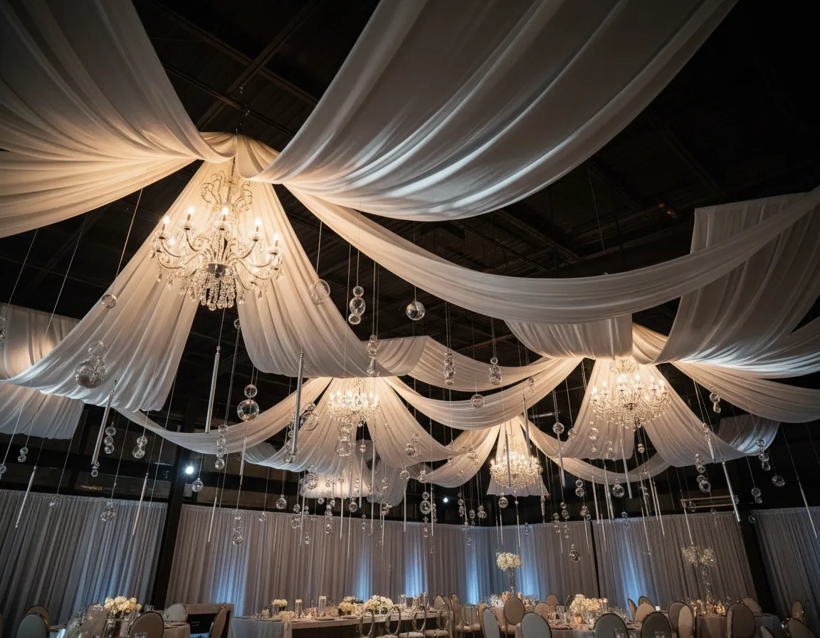 Detroit event ceiling decor and draping rentals installed over tables