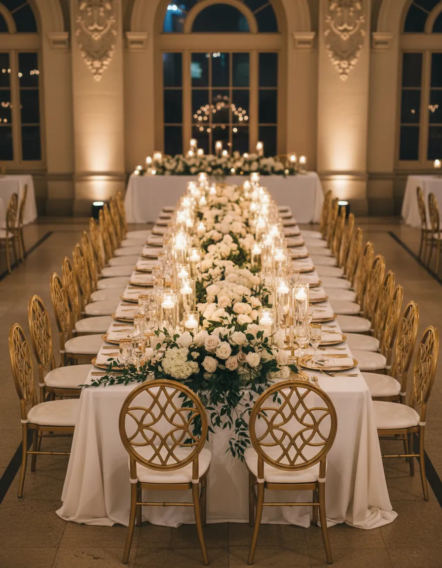 luxury wedding head table seating with gold chairs Detroit