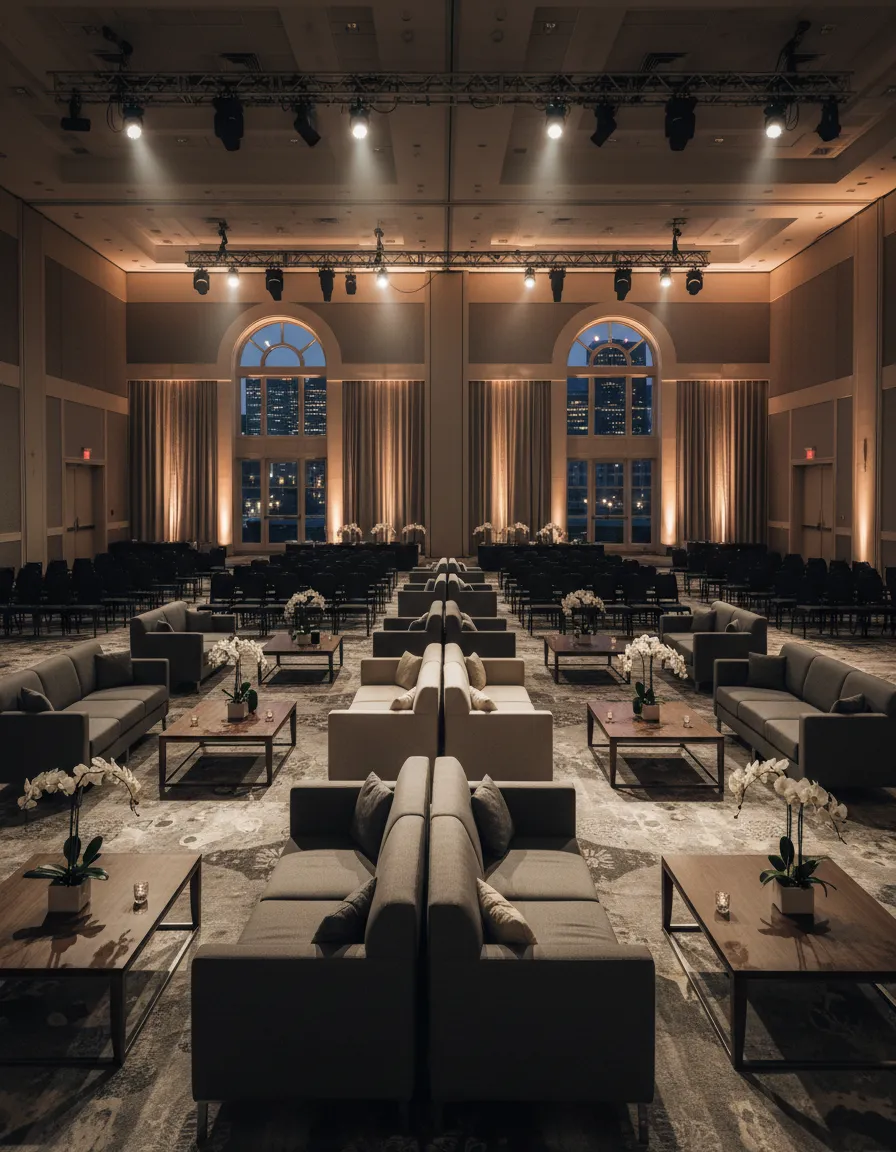 corporate gala seating Detroit with black chairs and lounge couches