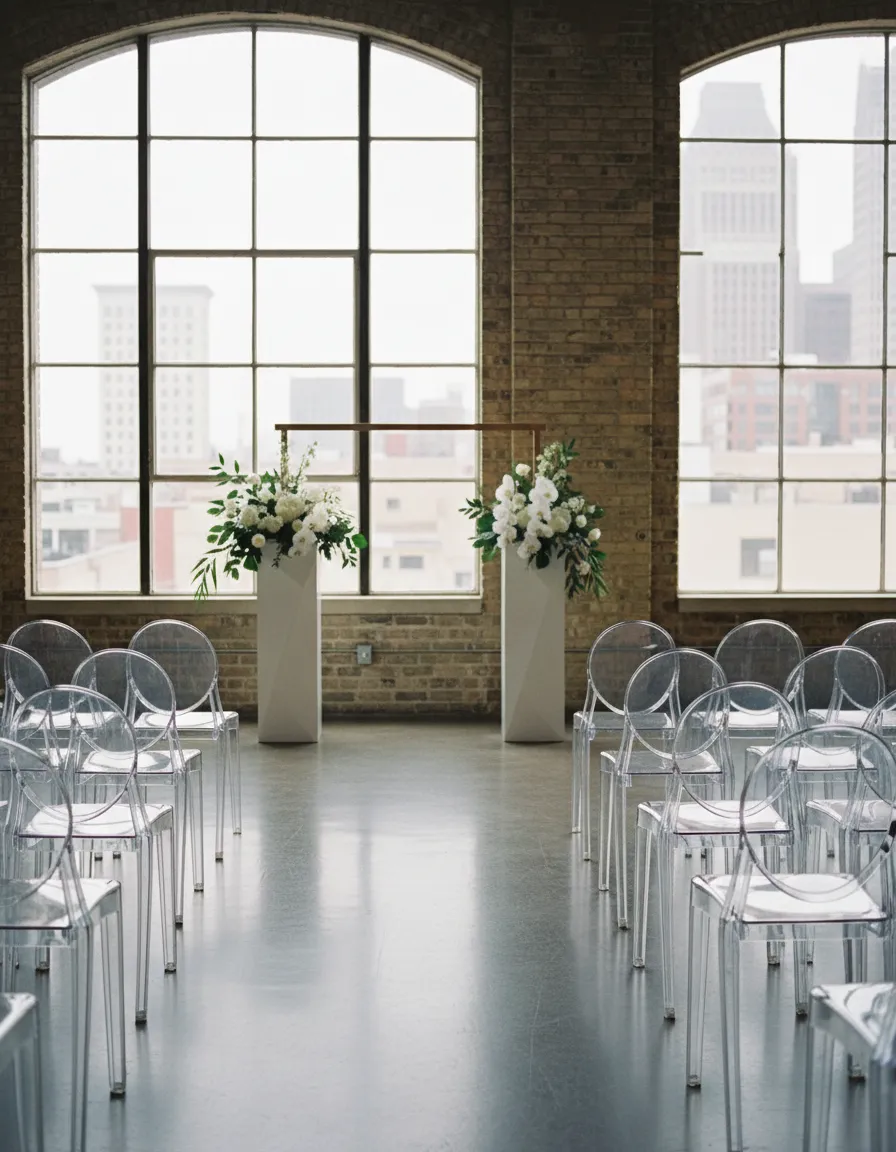 modern ghost chair ceremony Detroit outdoor wedding setup