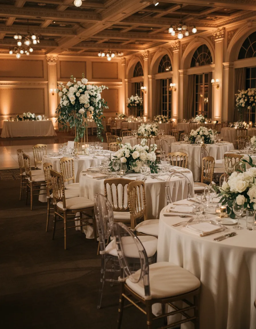gold chiavari and chameleon chair mix at Detroit wedding reception