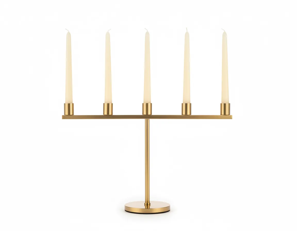 Gold straight arm candelabra rentals Detroit on white background