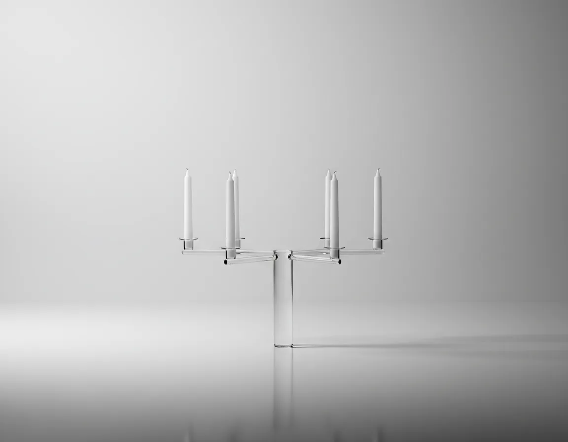 Glass straight arm candelabra rental Detroit on light grey backdrop