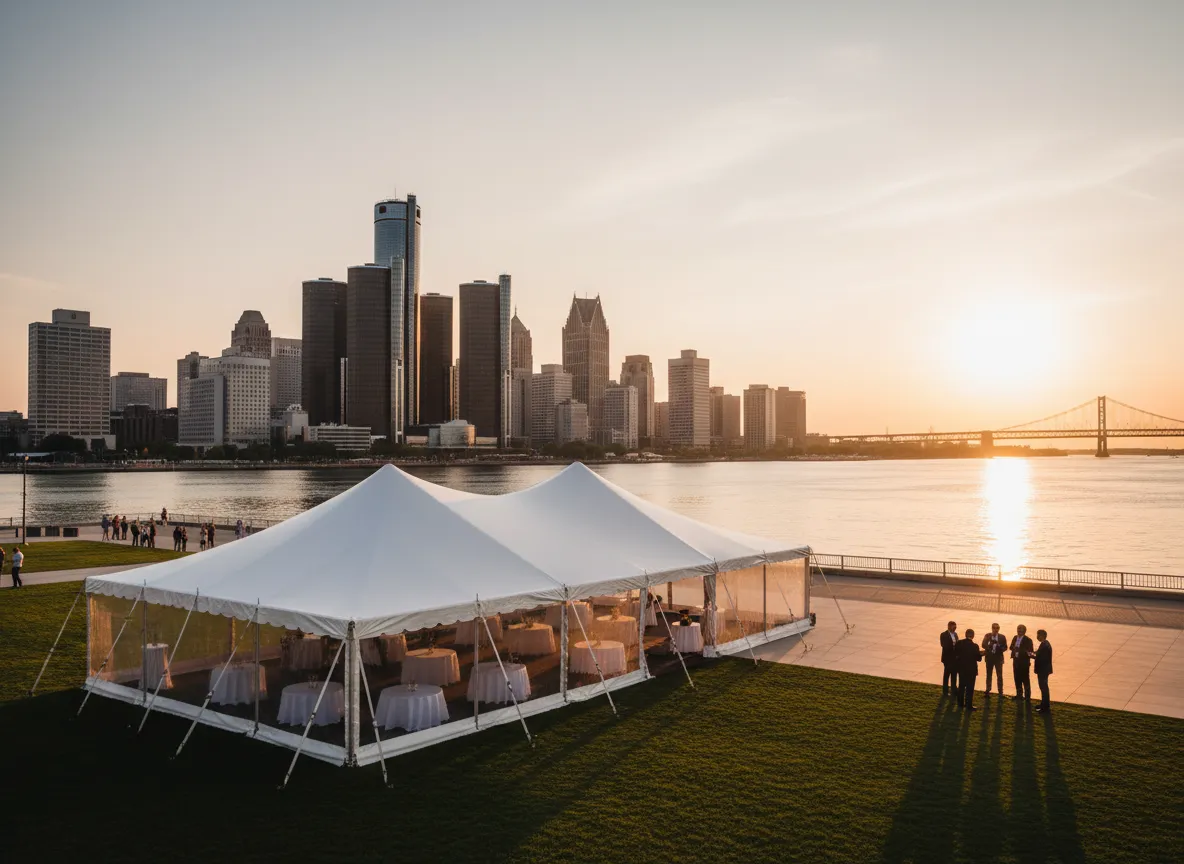 Detroit skyline with outdoor tent event