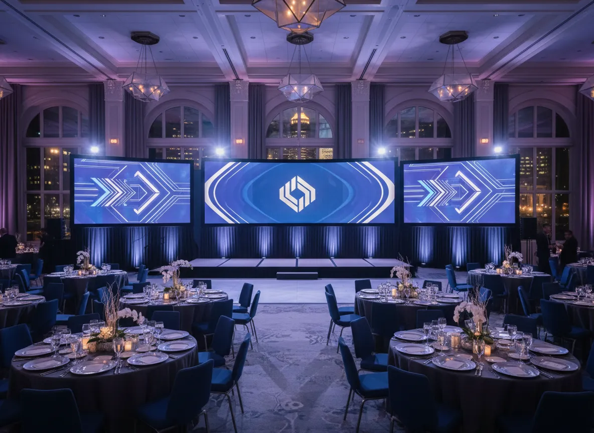 corporate gala event setup Detroit with branded stage and seating