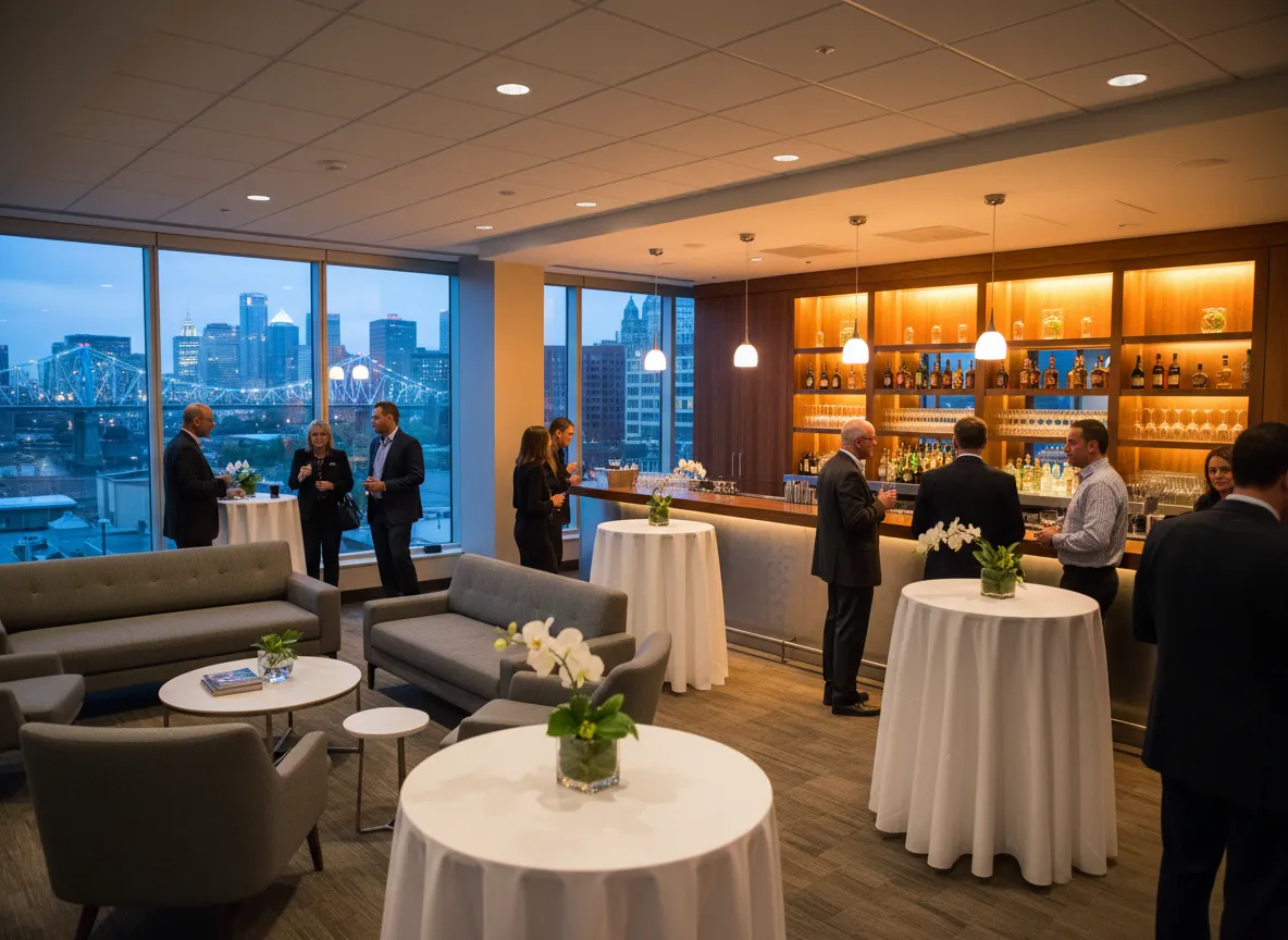 Detroit corporate event cocktail reception with highboy tables and lounge