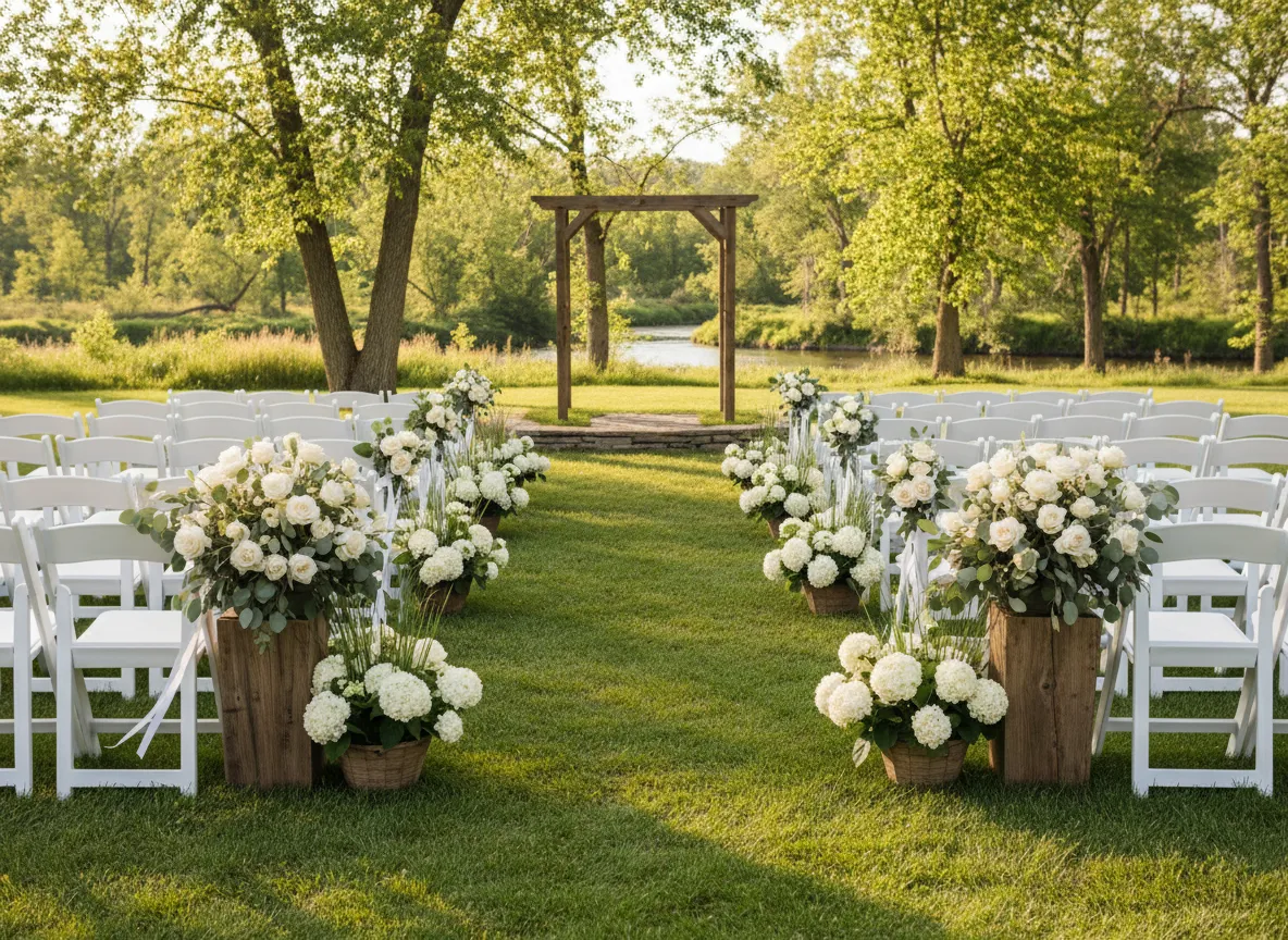 Metro Detroit outdoor ceremony setup with chairs and floral aisle decor