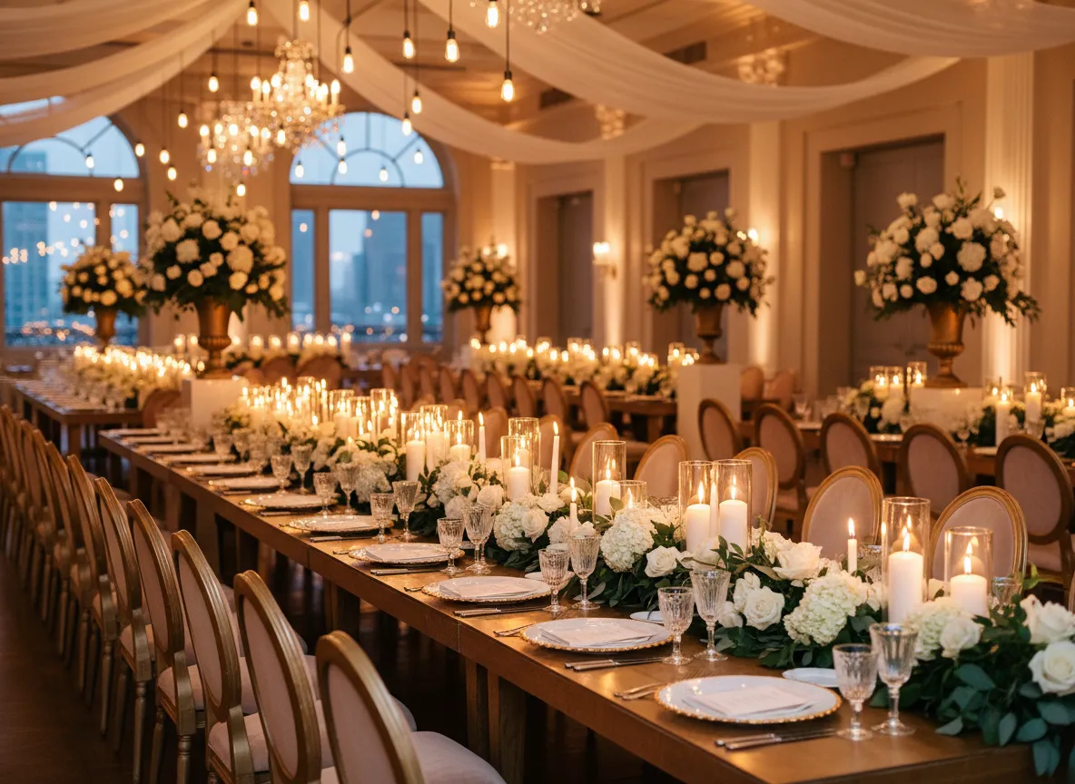 luxury wedding reception Detroit with long tables and candlelight