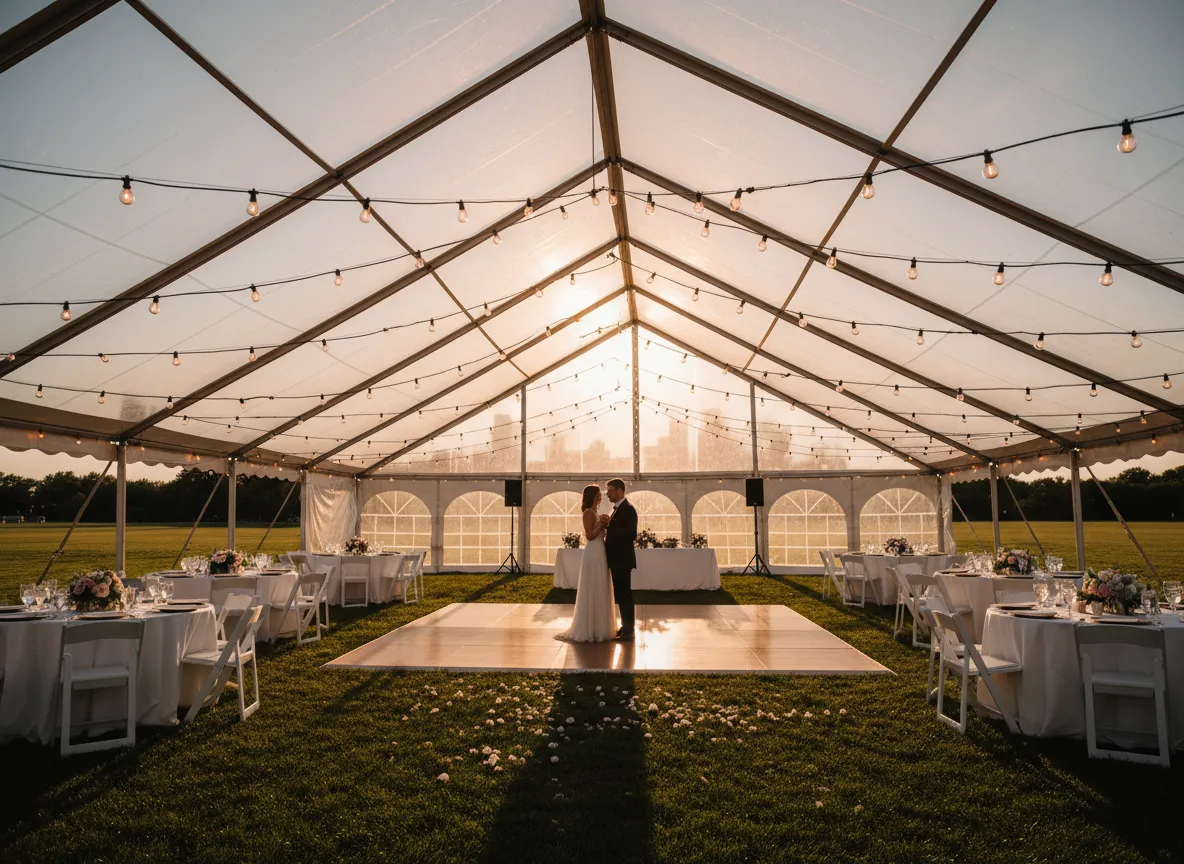 outdoor tent reception with dance floor and bistro lighting Detroit