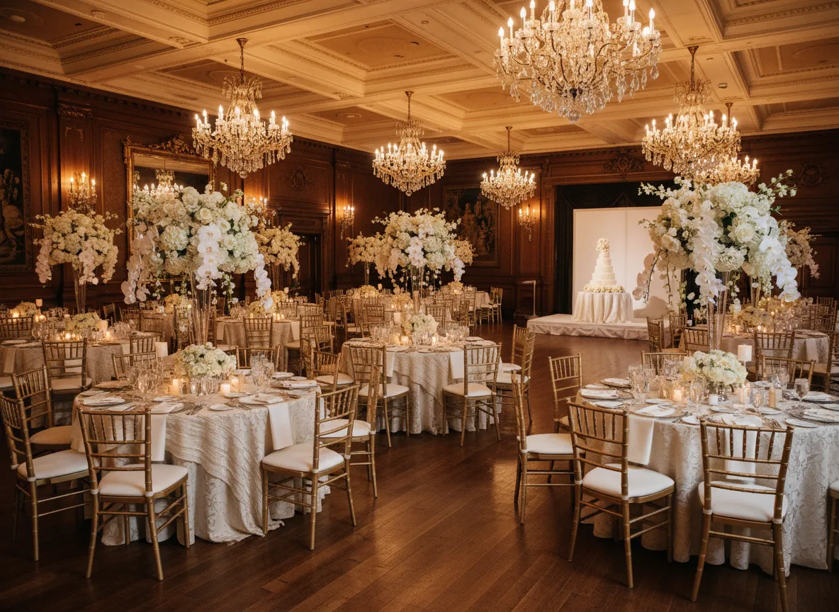 Detroit ballroom wedding reception with elegant table settings and decor