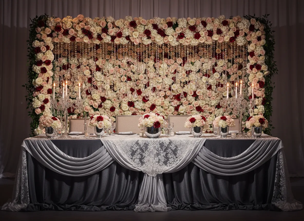 Detroit wedding head table with floral wall and crystal decor inspiration