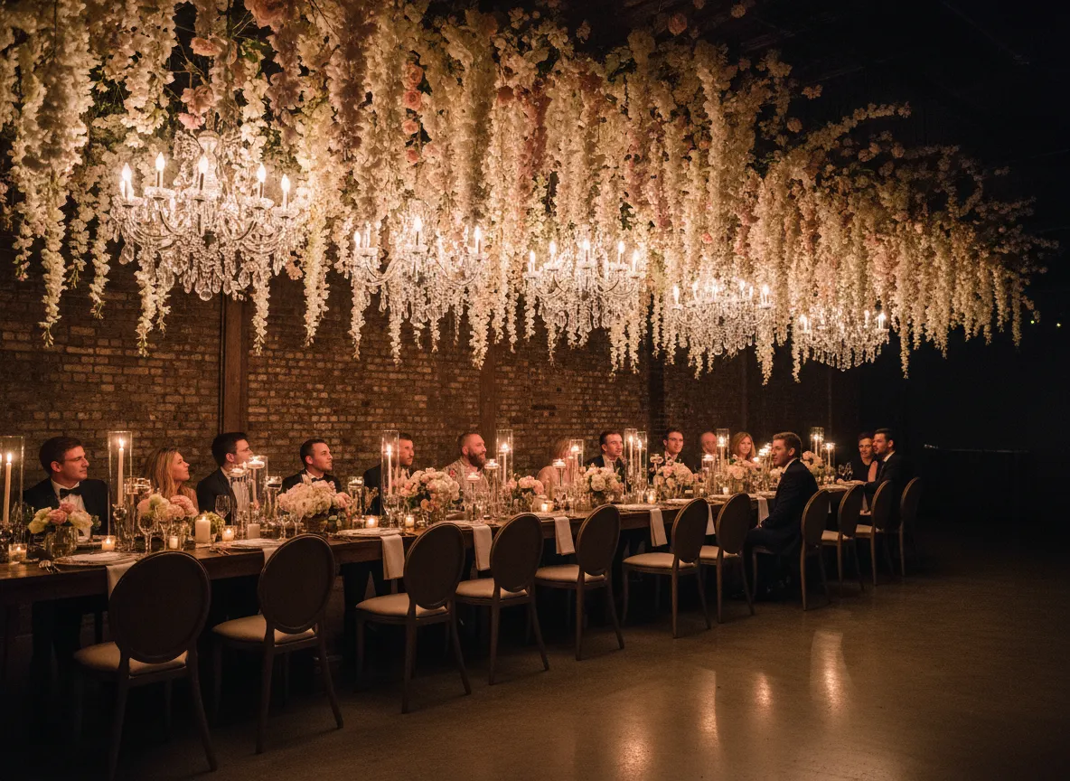 Detroit event decor inspiration with hanging florals and chandeliers