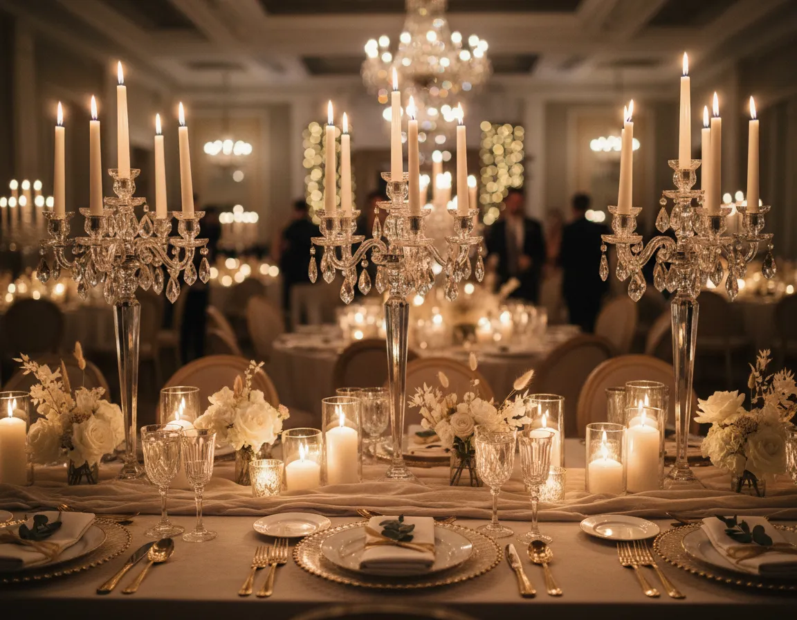 Candelabras and table decor in a luxury tablescape