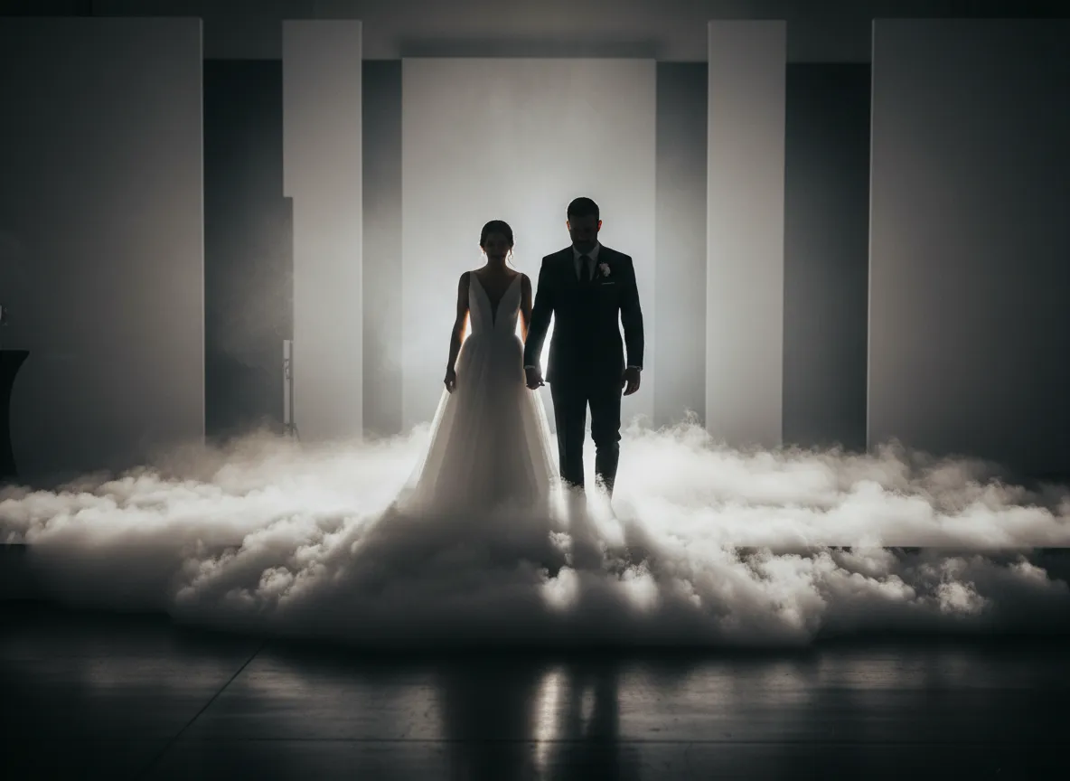 fog machine event entrance Detroit wedding couple walking through fog