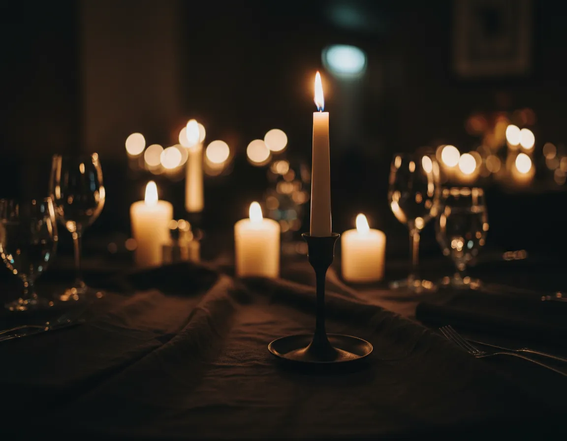 Single taper candle holder on black table Detroit event