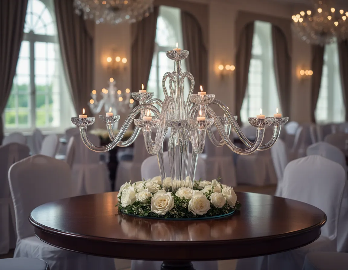 Glass curved arm candelabra decor rental in Metro Detroit