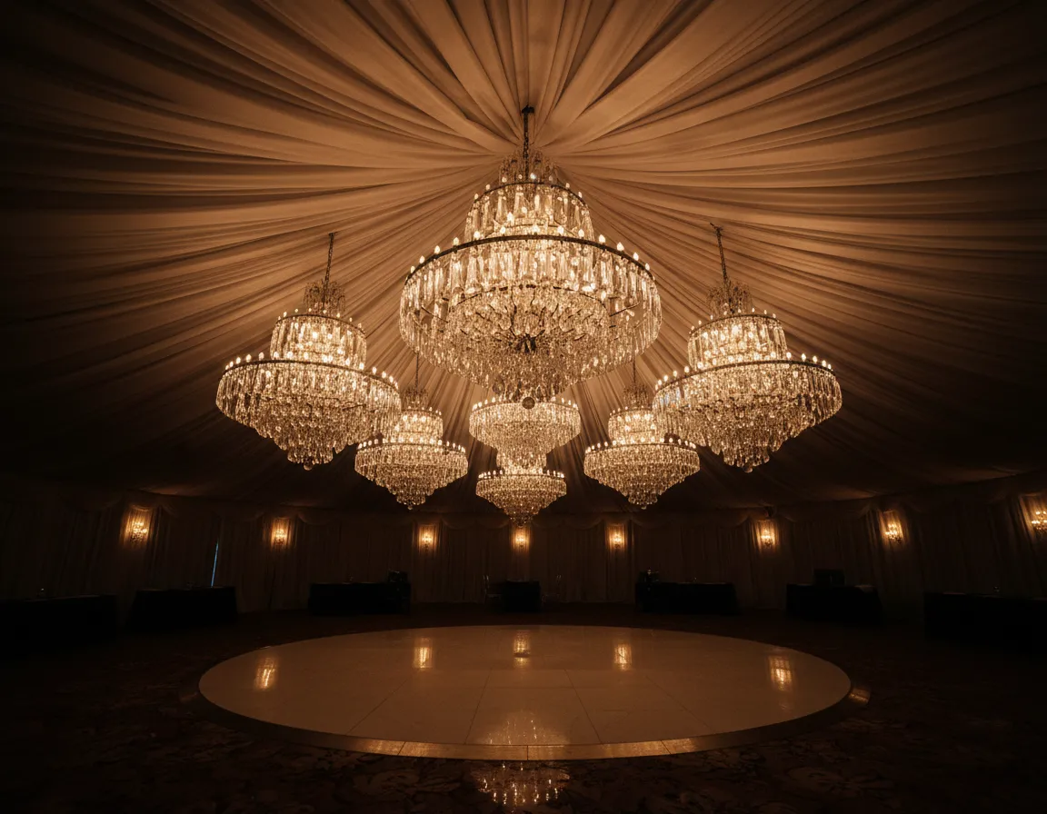 Chandelier ceiling decor rental transforming Detroit event venue