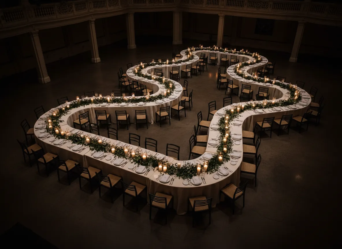 Serpentine family table layout rental Detroit with curved tables