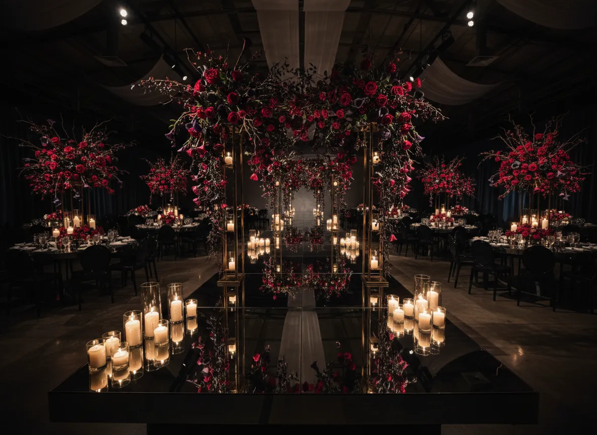 Mirror runway reception setup Detroit with snake tables and acrylic pieces