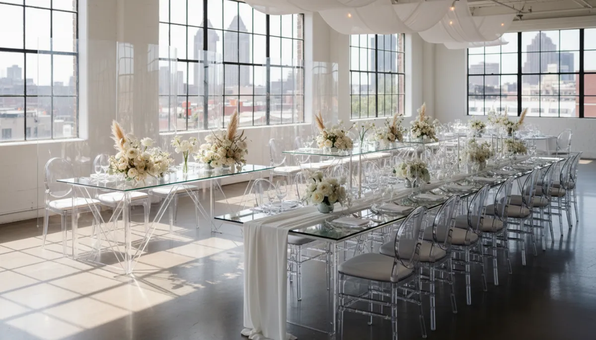 Modern acrylic wedding setup in Detroit using acrylic head tables and cocktail tables