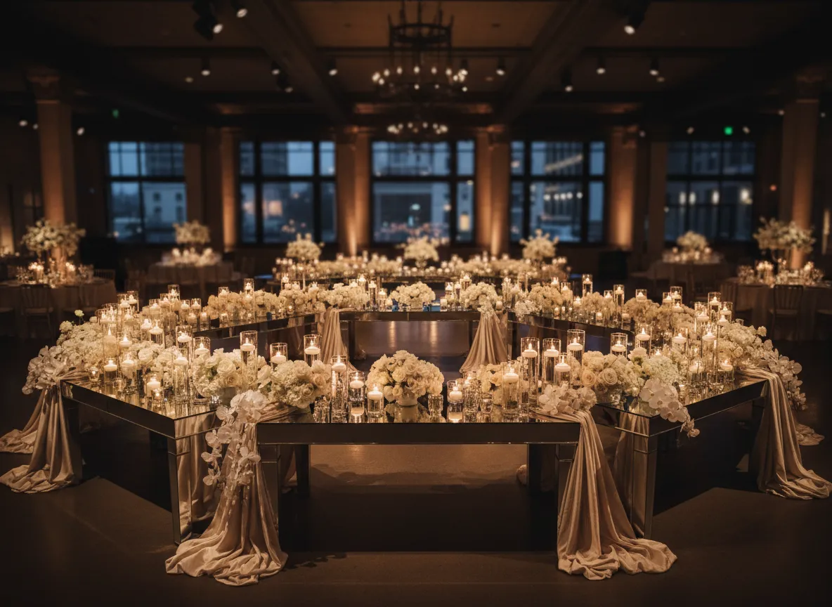 Luxury wedding head table rental Detroit using mirror crescent and regal tables