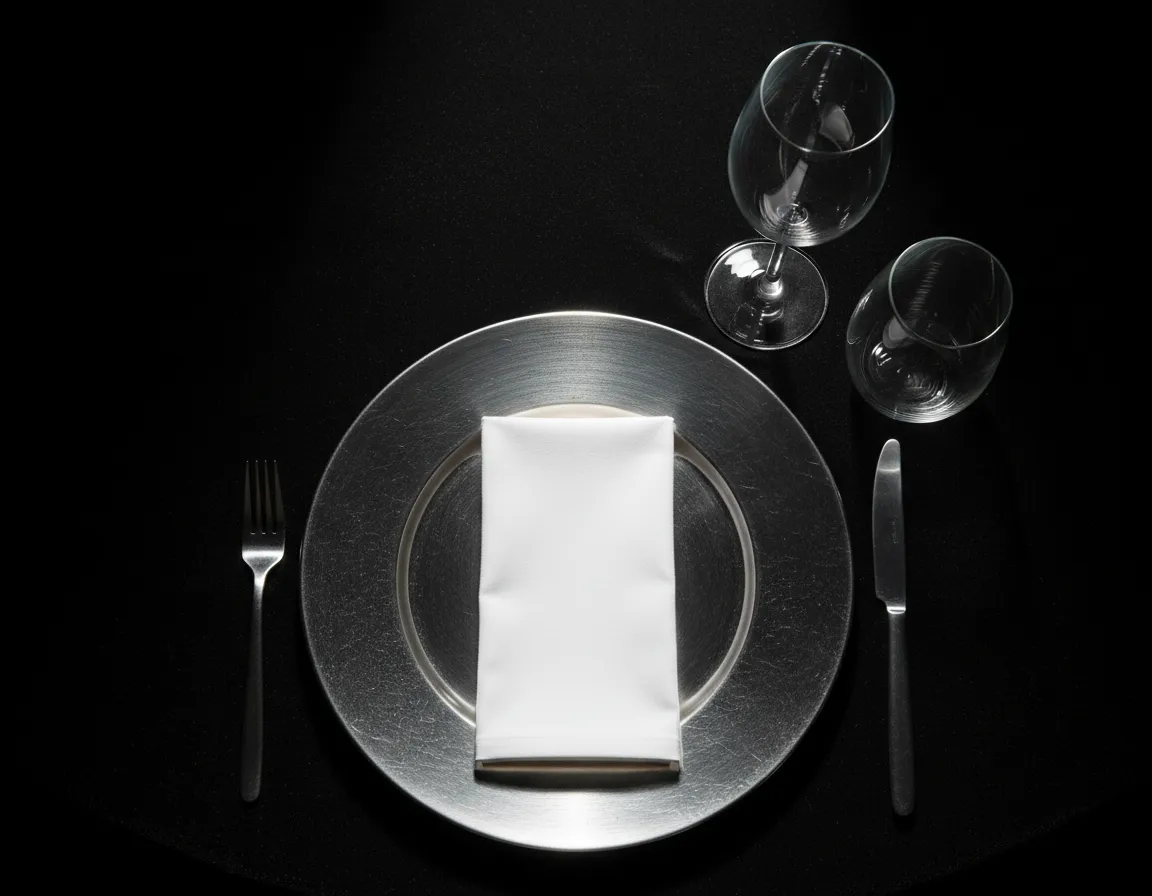 Silver charger with black velvet linen styling inspiration Detroit