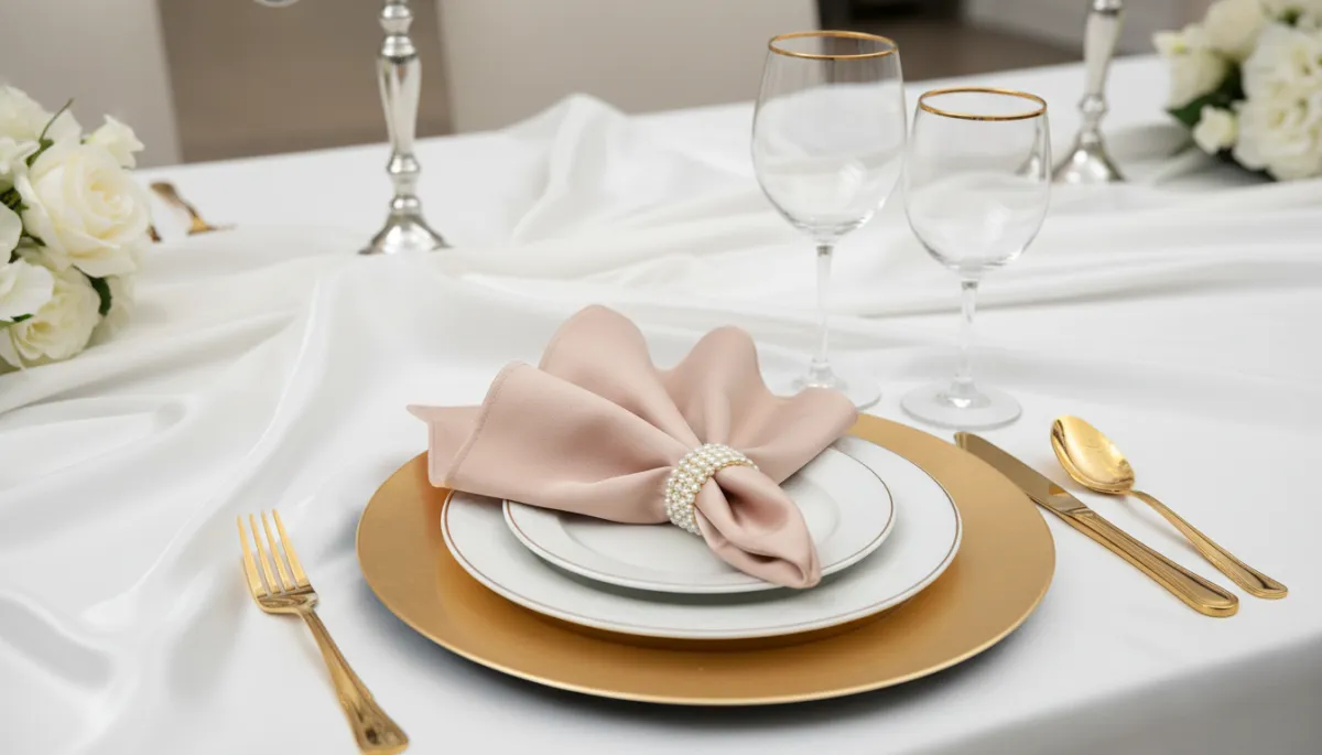 Gold charger with white satin linen and blush napkin styling option Detroit