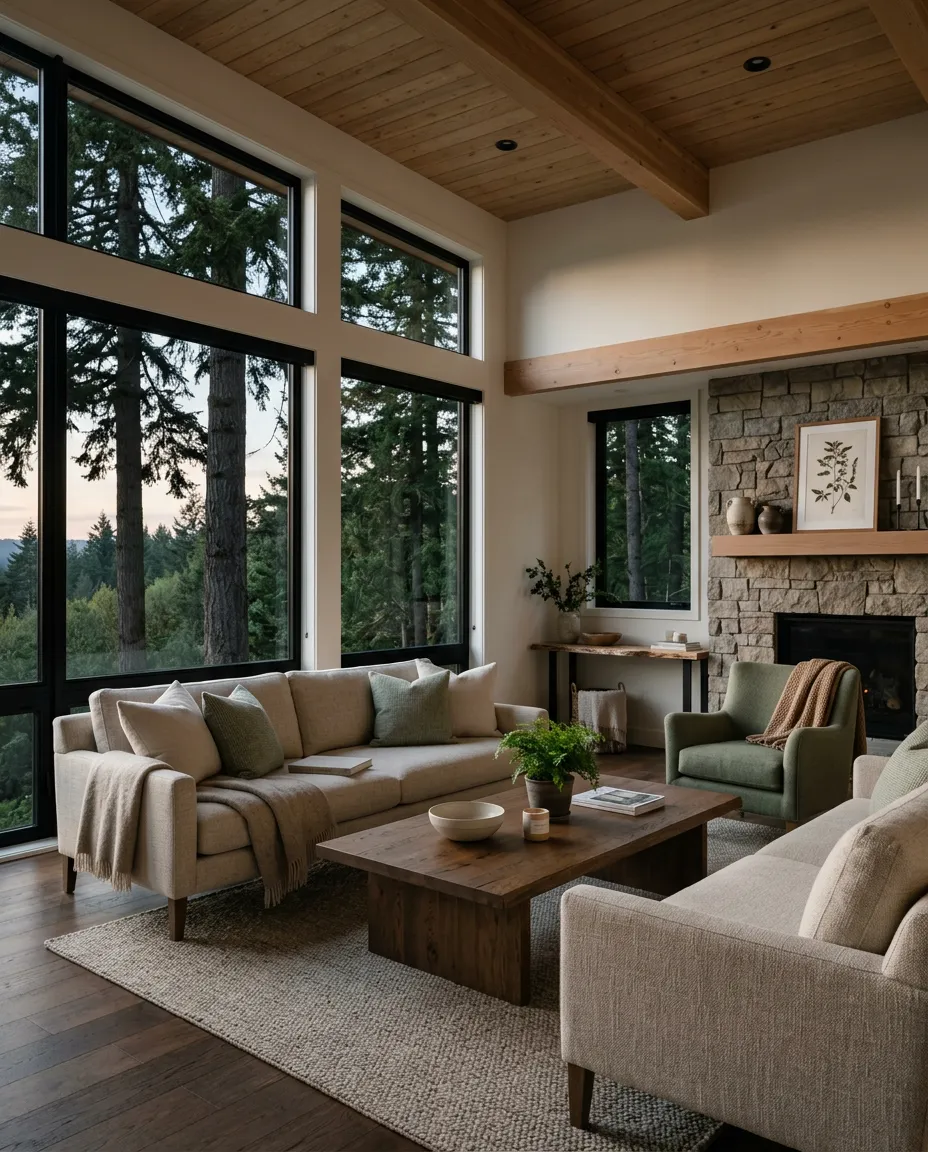 Naturally lit Metro Vancouver residential interior with organic wood textures and soft mountain daylight