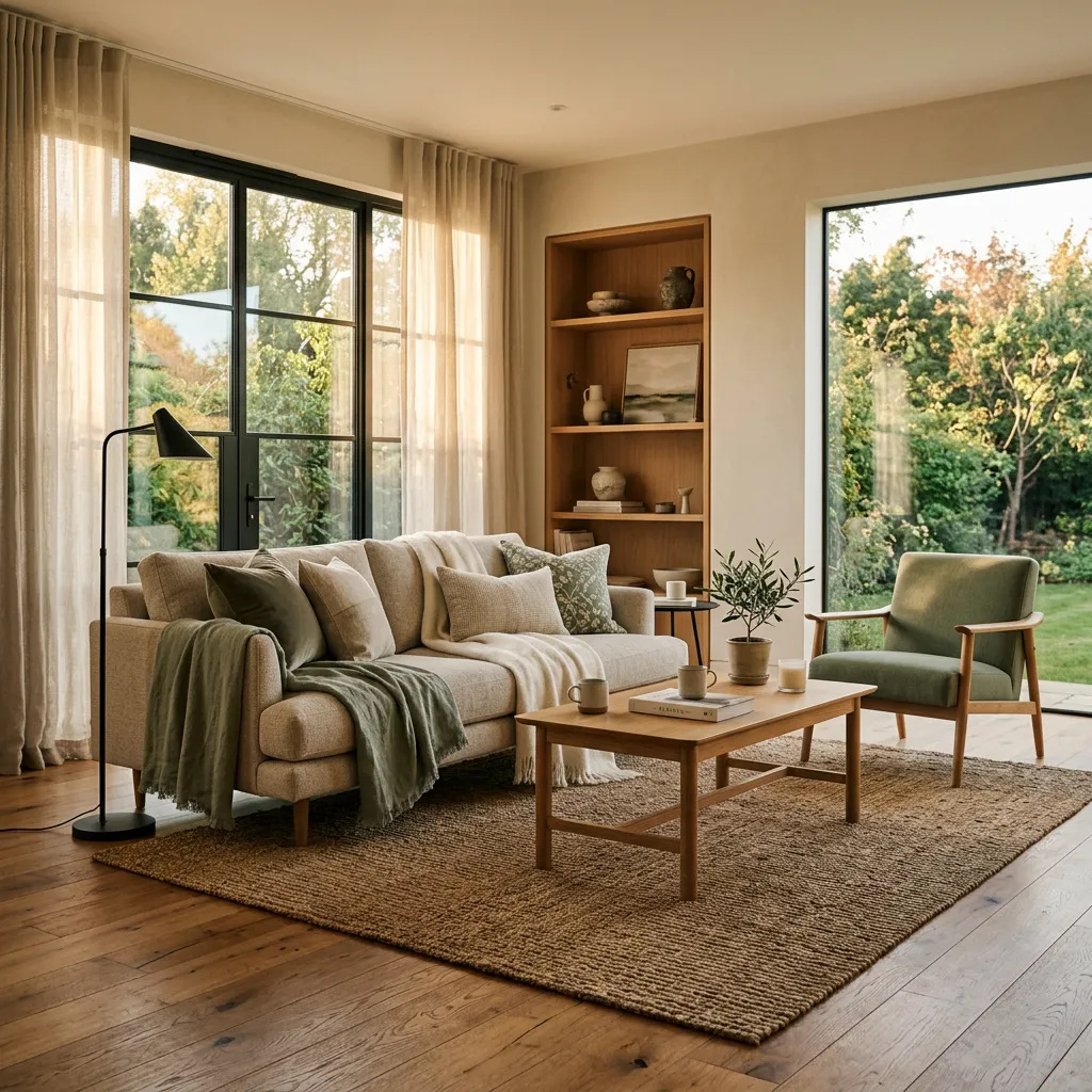 Warm naturally lit residential living room with organic textures and architectural details