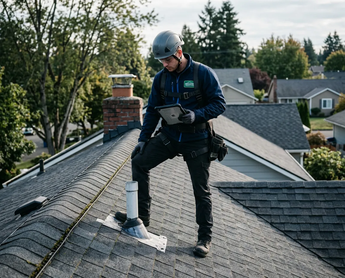 Professional roofing technician assessing residential roof project for accurate cost breakdown