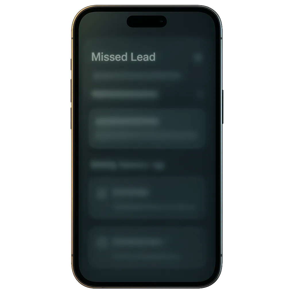Mobile phone mockup showing missed lead notifications and delayed response
