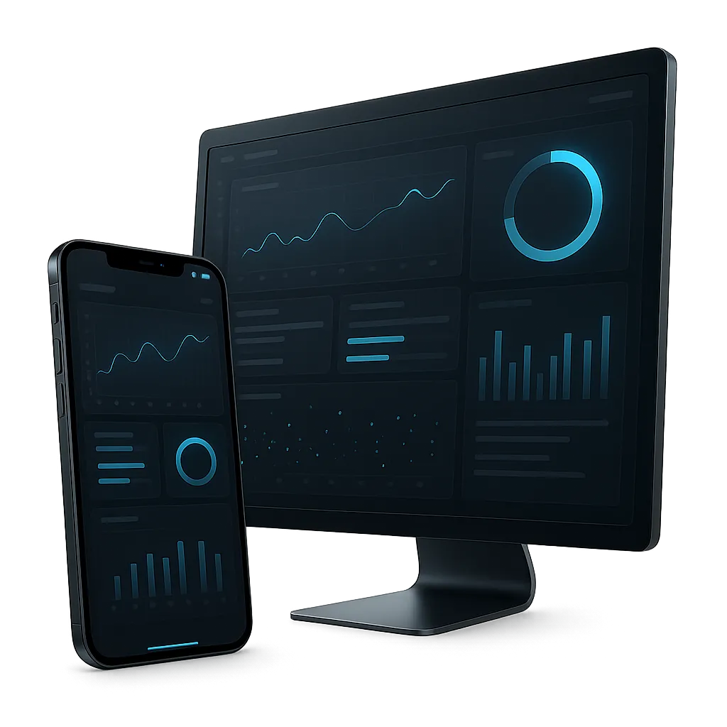 No Breaks Blueprint Starter mobile and desktop CRM system dashboard with electric blue glowing data nodes
