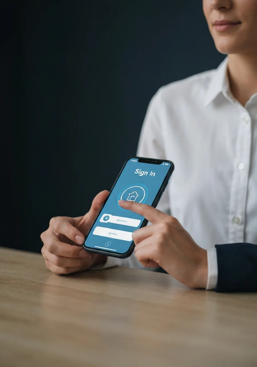Realtor handling digital sign-ins on a sleek smartphone at an open house