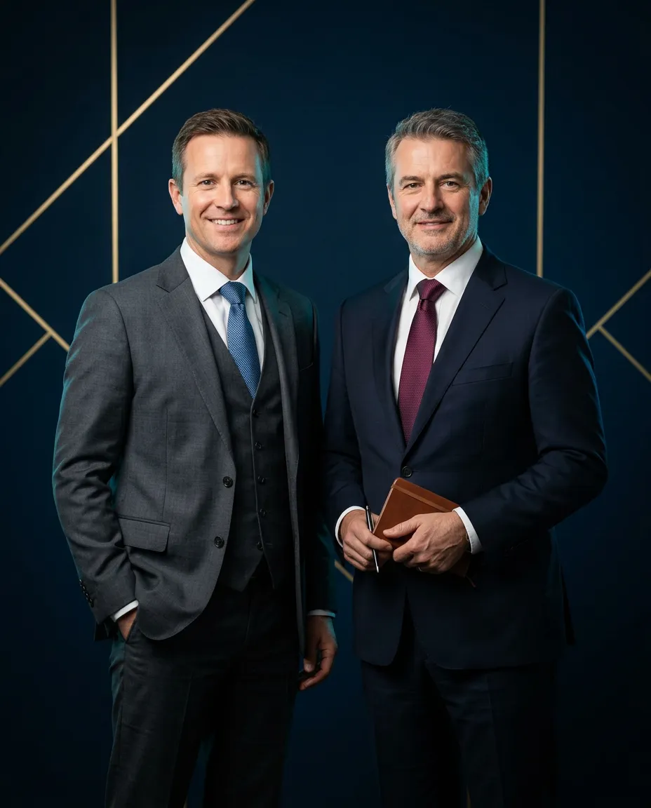 Kevin Marino and Bob leadership advisory photo with gold geometric lighting